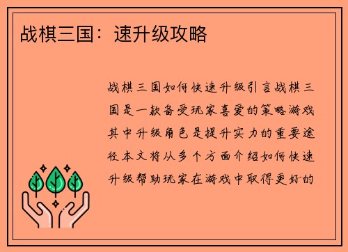 战棋三国：速升级攻略